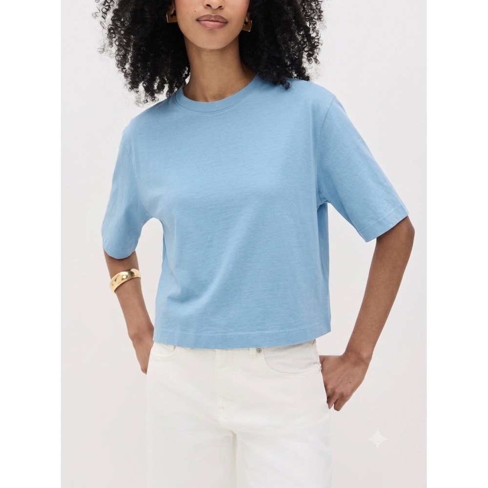 ENZA COSTA Supima Structured Tee T-Shirt Women Medium Blue Cotton Boxy Cropped